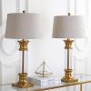 JONATHAN Y 32″ Gold/Clear Glass Table Lamp Set of 2 for Living Room, Rustic Farmhouse Bedside Nightstand Lamps with Gray Linen Drum Shade, LED Bulbs Included (JYL4000B-SET2)(Gold/Clear)