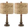 JONATHAN Y 21.25″ Brown Wood Finish Resin Table Lamp Set of 2, Rustic Farmhouse Handwoven Water Hyacinth Shade, Bohemian Bedside Lamp for Living Room, LED Bulbs Included JYL4052A-SET2