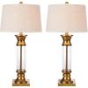 JONATHAN Y 32″ Gold/Clear Glass Table Lamp Set of 2 for Living Room, Rustic Farmhouse Bedside Nightstand Lamps with Gray Linen Drum Shade, LED Bulbs Included (JYL4000B-SET2)(Gold/Clear)