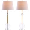 JONATHAN Y 34″ Brass Gold Crystal LED Table Lamp Set of 2 for Living Room, Modern Glam Geometric Nightstand Lamps for Bedroom, White Linen Drum Shade, LED Bulbs Included JYL5029A-SET2
