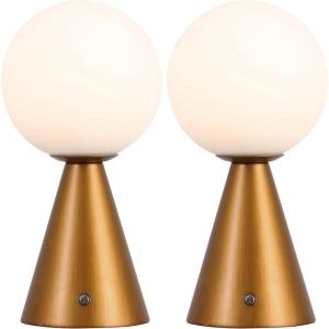JONATHAN Y 11.75″ Yellow Macie Modern Globe Cordless Table Lamp Set of 2, Rechargeable Dimmable Integrated LED Touch Sensor Bedside Lamp, White Frosted Glass Shade JYL7159A-SET2(Antique Gold)