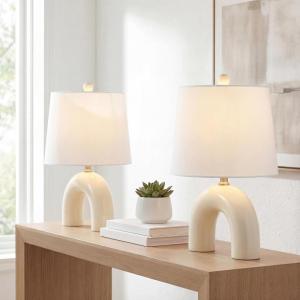 JONATHAN Y 17.75″ Almond Modern Ceramic Arch Table Lamp Set of 2 for Bedroom, Scandinavian Minimalist Bedside Lamps with White Linen Shade, LED Bulbs Included JYL5503A-SET2(Almond)