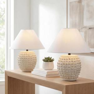 JONATHAN Y 18.25″ Matte Black Ceramic Hobnail Table Lamp Set of 2 for Bedroom, Modern Minimalist Farmhouse Bedside Nightstand Lamps, White Linen Shade, LED Bulbs Included JYL5601A-SET2(Matte Cream)