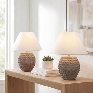 JONATHAN Y 18.25″ Matte Black Ceramic Hobnail Table Lamp Set of 2 for Bedroom, Modern Minimalist Farmhouse Bedside Nightstand Lamps, White Linen Shade, LED Bulbs Included JYL5601A-SET2(Matte Taupe)