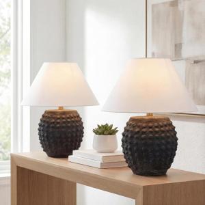 JONATHAN Y 18.25″ Matte Black Ceramic Hobnail Table Lamp Set of 2 for Bedroom, Modern Minimalist Farmhouse Bedside Nightstand Lamps, White Linen Shade, LED Bulbs Included JYL5601A-SET2(Matte Black)
