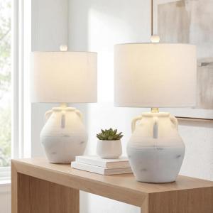 JONATHAN Y 20.5″ White Ceramic Pottery Jar Table Lamp Set of 2 for Bedroom Living Room, Rustic Coastal French Country Cottage Style, White Linen Shade, LED Bulbs Included JYL5502A-SET2