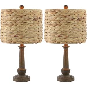 JONATHAN Y 21.25″ Brown Wood Finish Resin Table Lamp Set of 2, Rustic Farmhouse Handwoven Water Hyacinth Shade, Bohemian Bedside Lamp for Living Room, LED Bulbs Included JYL4052A-SET2