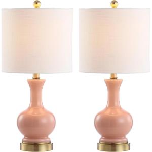 JONATHAN Y 22″ Light Coral/Brass Gold Modern Glass Table Lamp Set of 2, Brass Gold Bedside Lamp with White Linen Shade for Bedroom Living Room, LED Bulbs Included (JYL4033D-SET2)(Light Coral/Brass Gold)