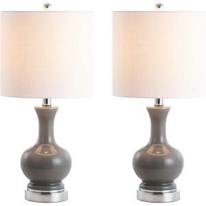 JONATHAN Y 22″ Light Coral/Brass Gold Modern Glass Table Lamp Set of 2, Brass Gold Bedside Lamp with White Linen Shade for Bedroom Living Room, LED Bulbs Included (JYL4033D-SET2)(Gray / Chrome)