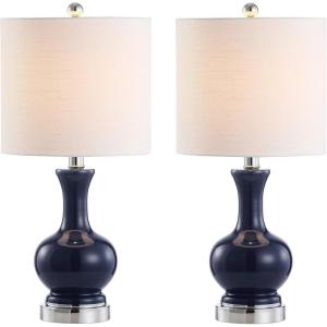 JONATHAN Y 22″ Light Coral/Brass Gold Modern Glass Table Lamp Set of 2, Brass Gold Bedside Lamp with White Linen Shade for Bedroom Living Room, LED Bulbs Included (JYL4033D-SET2)(Navy/Chrome)