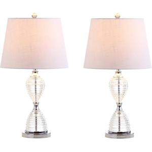 JONATHAN Y 23.75″ Clear Crystal LED Table Lamp Set of 2, Glam Hourglass Bedside Lamps for Living Room Bedroom, White Linen Shade, Chrome Finish, LED Bulbs Included JYL2045A-SET2