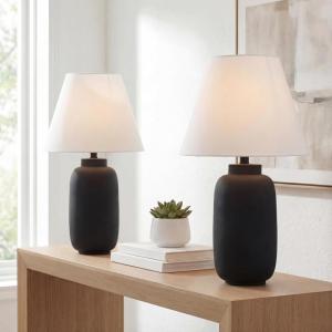 JONATHAN Y 24.5″ Matte Black Modern Ginger Jar Table Lamp Set of 2 for Bedroom, Farmhouse Scandinavian Lamps for Nightstand, White Linen Shade, LED Bulbs Included JYL5603A-SET2(Matte Black)