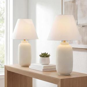 JONATHAN Y 24.5″ Matte Black Modern Ginger Jar Table Lamp Set of 2 for Bedroom, Farmhouse Scandinavian Lamps for Nightstand, White Linen Shade, LED Bulbs Included JYL5603A-SET2(Matte Cream)