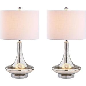 JONATHAN Y 25.5″ Aqua/Chrome Glass Teardrop Table Lamp Set of 2 for Bedroom, Modern Bedside Lamps for Living Room, White Linen Drum Shade, LED Bulbs Included (JYL1081B-SET2)(Mercury Silver)
