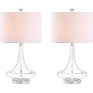 JONATHAN Y 25.5″ Aqua/Chrome Glass Teardrop Table Lamp Set of 2 for Bedroom, Modern Bedside Lamps for Living Room, White Linen Drum Shade, LED Bulbs Included (JYL1081B-SET2)(Clear)