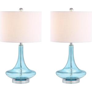 JONATHAN Y 25.5″ Aqua/Chrome Glass Teardrop Table Lamp Set of 2 for Bedroom, Modern Bedside Lamps for Living Room, White Linen Drum Shade, LED Bulbs Included (JYL1081B-SET2)(Aqua)