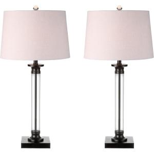 JONATHAN Y 30″ Black/Clear Glass and Metal Column Table Lamp Set of 2 for Living Room Bedroom, Traditional Iron Base with White Linen Drum Shade, LED Bulbs Included JYL1008A-SET2