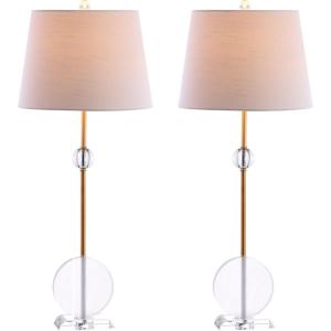 JONATHAN Y 34″ Brass Gold Crystal LED Table Lamp Set of 2 for Living Room, Modern Glam Geometric Nightstand Lamps for Bedroom, White Linen Drum Shade, LED Bulbs Included JYL5029A-SET2