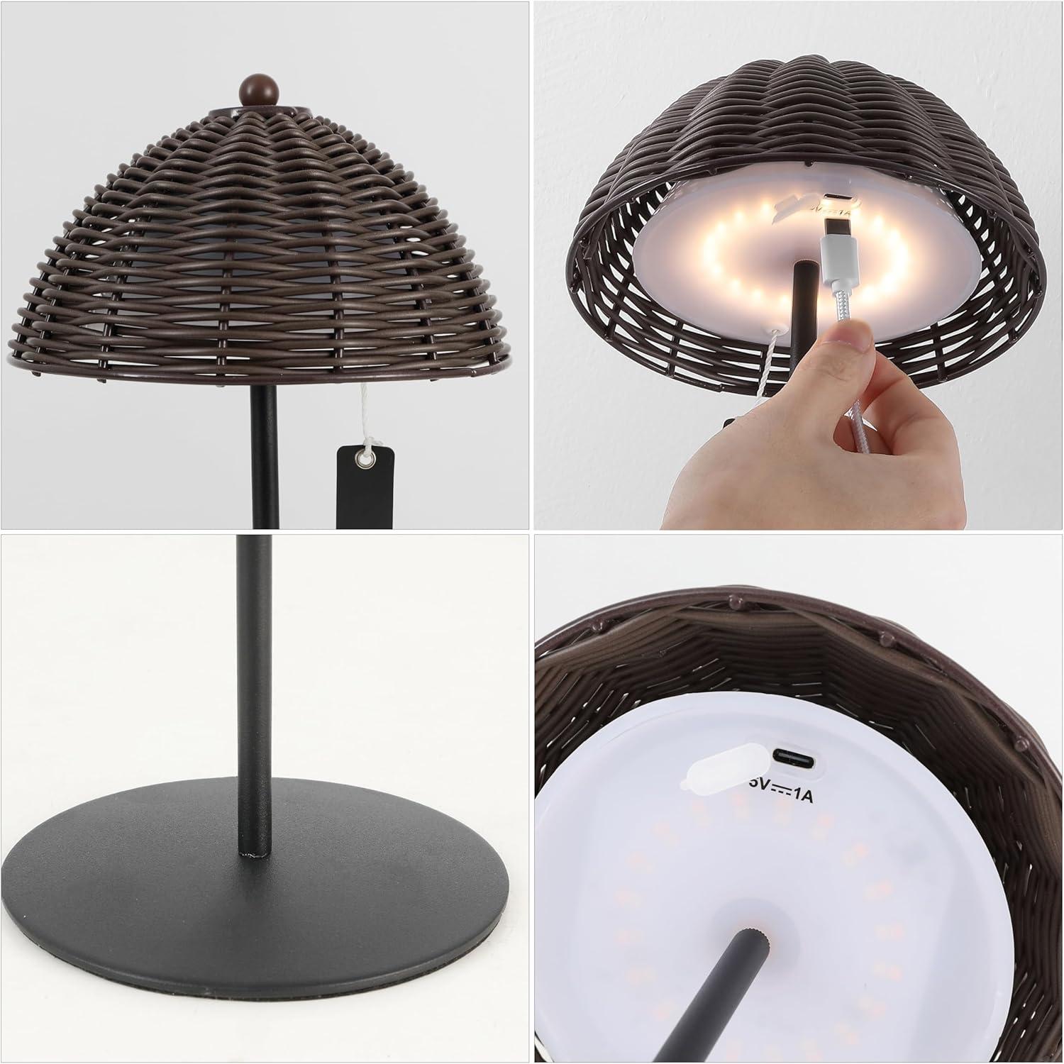 image:imageJONATHAN Y 1275 Dark Brown Modern Coastal Rechargeable LED Table Lamp Set of 2 for Patio Porch Dimmable Cordless Bedside Lamp Light Brown Faux Wicker Shade JYL7169BSET2Dark Brown