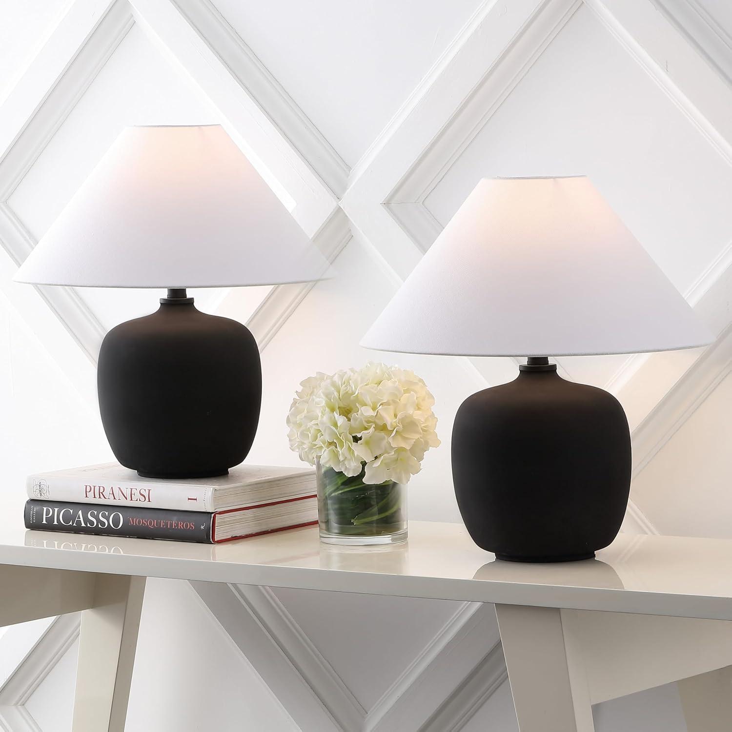 image:imageJONATHAN Y 1825 Matte Black Minimalist Table Lamps Set of 2 for Bedroom White Linen Shade Modern Scandinavian Bedside Lamps for Living Room Nightstand LED Bulbs Included JYL5600ASET2Matte Black