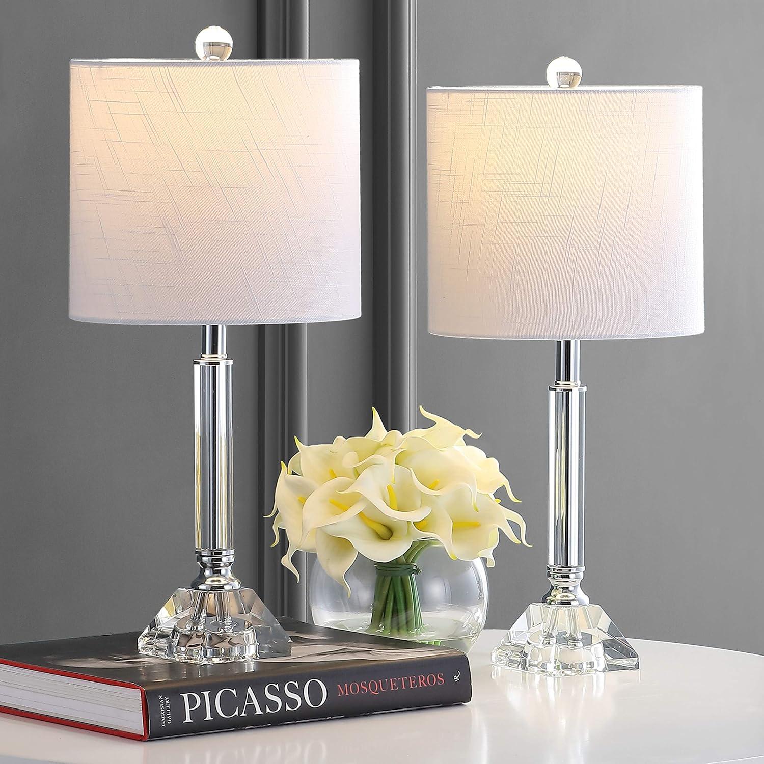 image:imageJONATHAN Y 1975 Clear Crystal Table Lamp Set of 2 for Bedroom Modern Glam Chrome and Glass Column Nightstand Lamps for Living Room White Linen Shade LED Bulbs Included JYL2078ASET2
