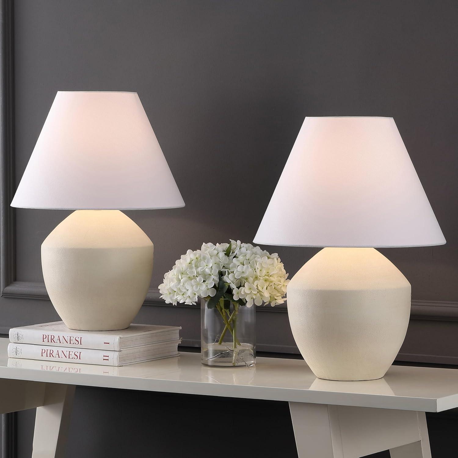image:imageJONATHAN Y 205 Matte Cream Minimalist Table Lamp Set of 2 for Living Room Modern Scandinavian Bedside Lamps for Bedroom White Linen Shade LED Bulbs Included JYL5604BSET2Matte Cream