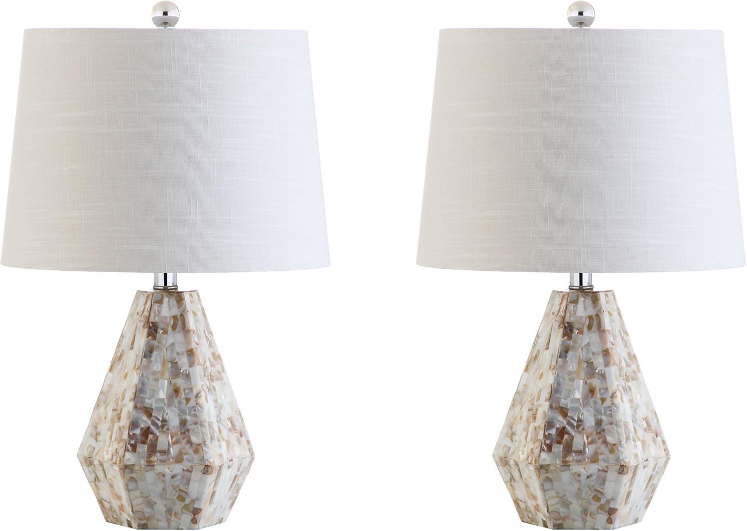 image:imageJONATHAN Y 21 Natural Ivory Seashell Mosaic Table Lamp Set of 2 Coastal Geometric Resin Bedside Lamps for Living Room Bedroom White Linen Drum Shade LED Bulbs Included JYL4004ASET2