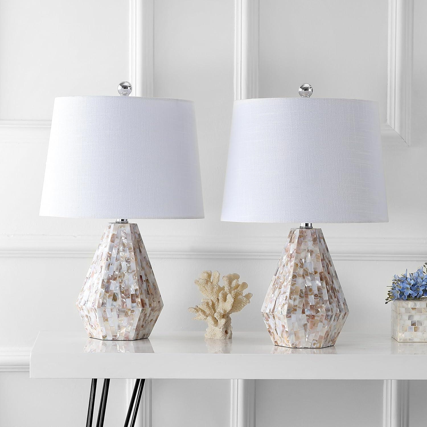 image:imageJONATHAN Y 21 Natural Ivory Seashell Mosaic Table Lamp Set of 2 Coastal Geometric Resin Bedside Lamps for Living Room Bedroom White Linen Drum Shade LED Bulbs Included JYL4004ASET2