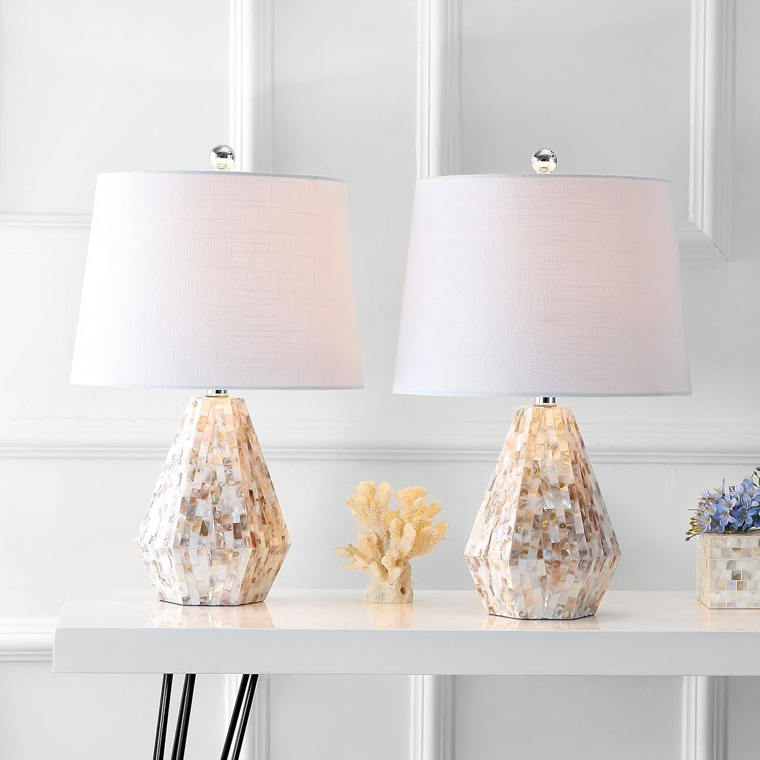 image:imageJONATHAN Y 21 Natural Ivory Seashell Mosaic Table Lamp Set of 2 Coastal Geometric Resin Bedside Lamps for Living Room Bedroom White Linen Drum Shade LED Bulbs Included JYL4004ASET2