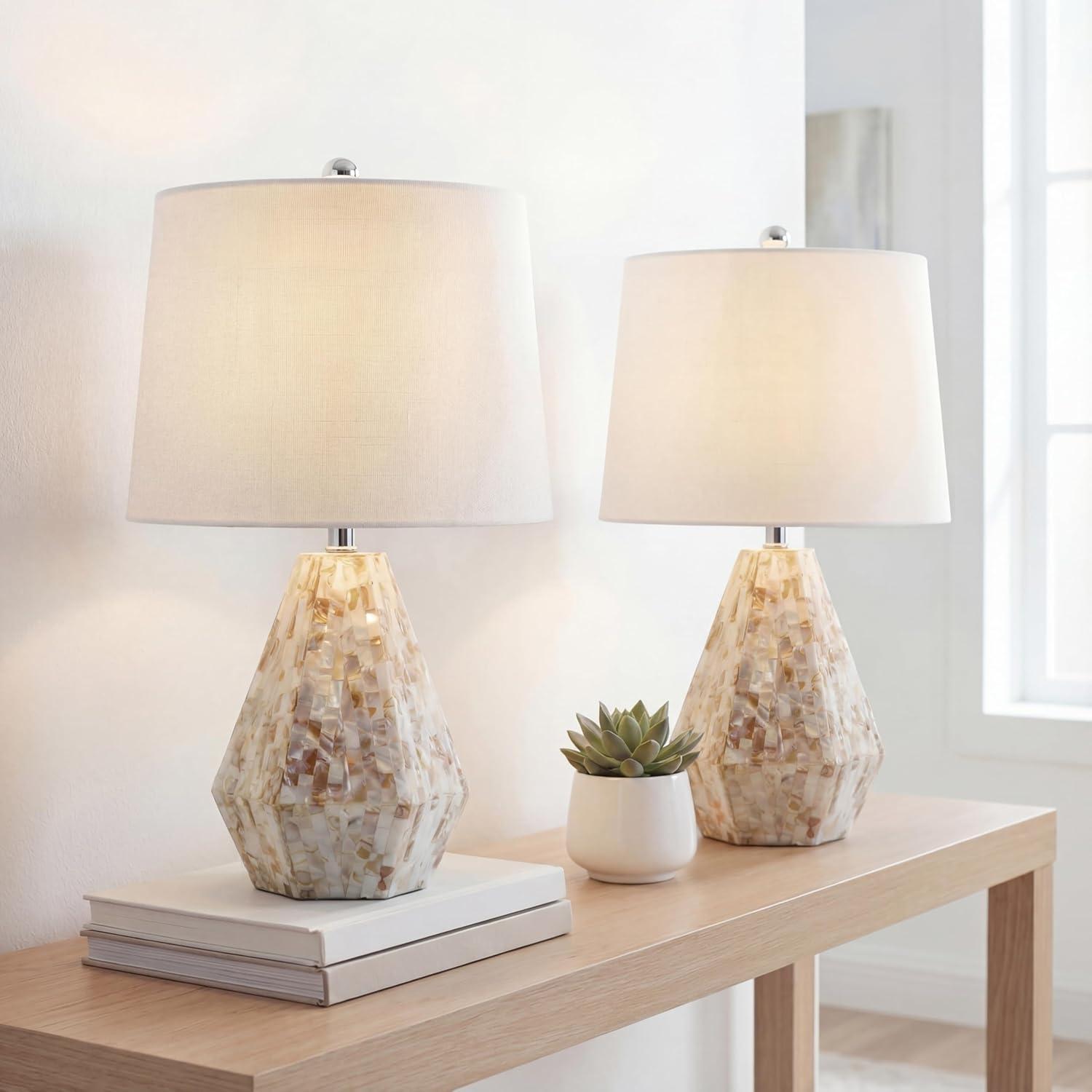 image:imageJONATHAN Y 21 Natural Ivory Seashell Mosaic Table Lamp Set of 2 Coastal Geometric Resin Bedside Lamps for Living Room Bedroom White Linen Drum Shade LED Bulbs Included JYL4004ASET2