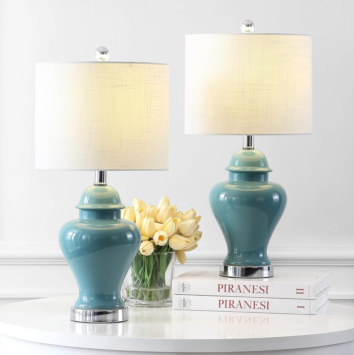 image:imageJONATHAN Y 22 White Ceramic Table Lamp Set of 2 for Bedroom Living Room White Linen Shade Traditional Ginger Jar Nightstand Lamp Classic Cottage LED Lights JYL6602CSET2Green