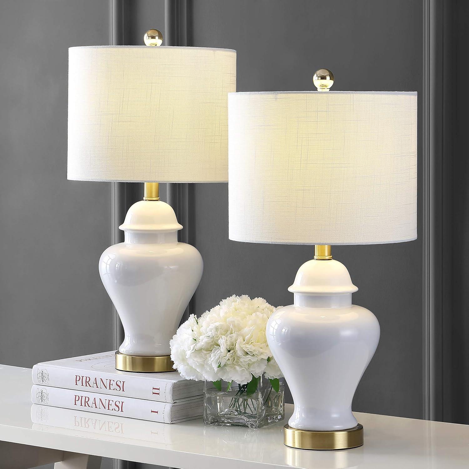 image:imageJONATHAN Y 22 White Ceramic Table Lamp Set of 2 for Bedroom Living Room White Linen Shade Traditional Ginger Jar Nightstand Lamp Classic Cottage LED Lights JYL6602CSET2White