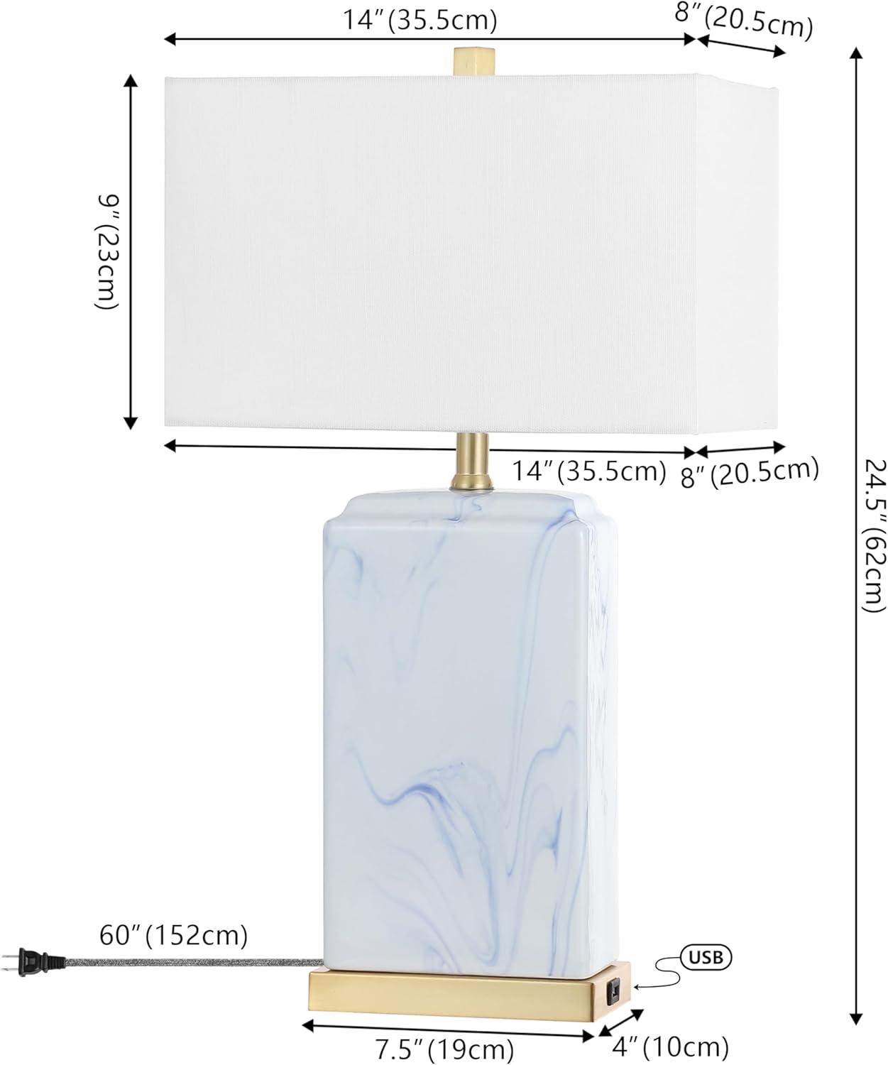image:imageJONATHAN Y 245 Blue and White Marbled Ceramic LED Table Lamp Set of 2 with USB Port Modern Coastal Iron Nightstand Lamp Brass Gold Accents LED Bulbs Included JYL1140ASET2