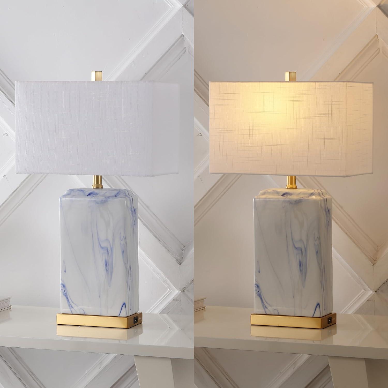 image:imageJONATHAN Y 245 Blue and White Marbled Ceramic LED Table Lamp Set of 2 with USB Port Modern Coastal Iron Nightstand Lamp Brass Gold Accents LED Bulbs Included JYL1140ASET2