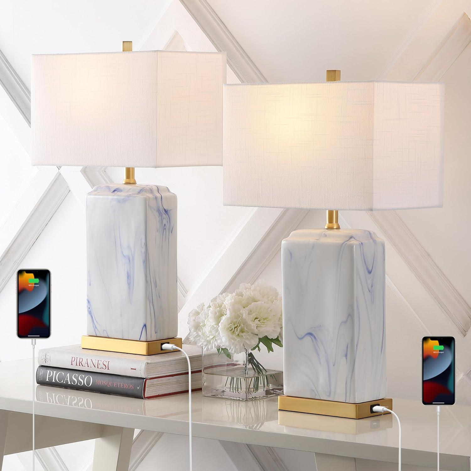 image:imageJONATHAN Y 245 Blue and White Marbled Ceramic LED Table Lamp Set of 2 with USB Port Modern Coastal Iron Nightstand Lamp Brass Gold Accents LED Bulbs Included JYL1140ASET2