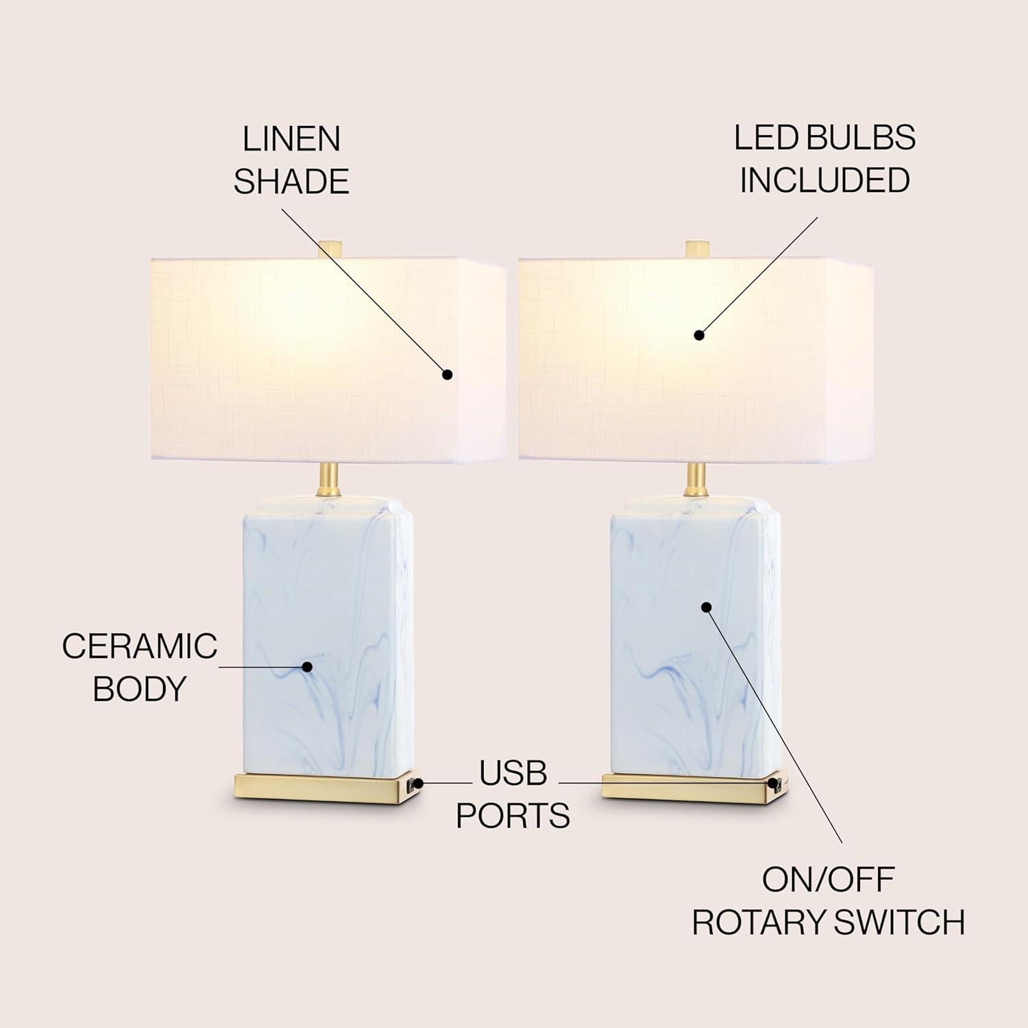 image:imageJONATHAN Y 245 Blue and White Marbled Ceramic LED Table Lamp Set of 2 with USB Port Modern Coastal Iron Nightstand Lamp Brass Gold Accents LED Bulbs Included JYL1140ASET2