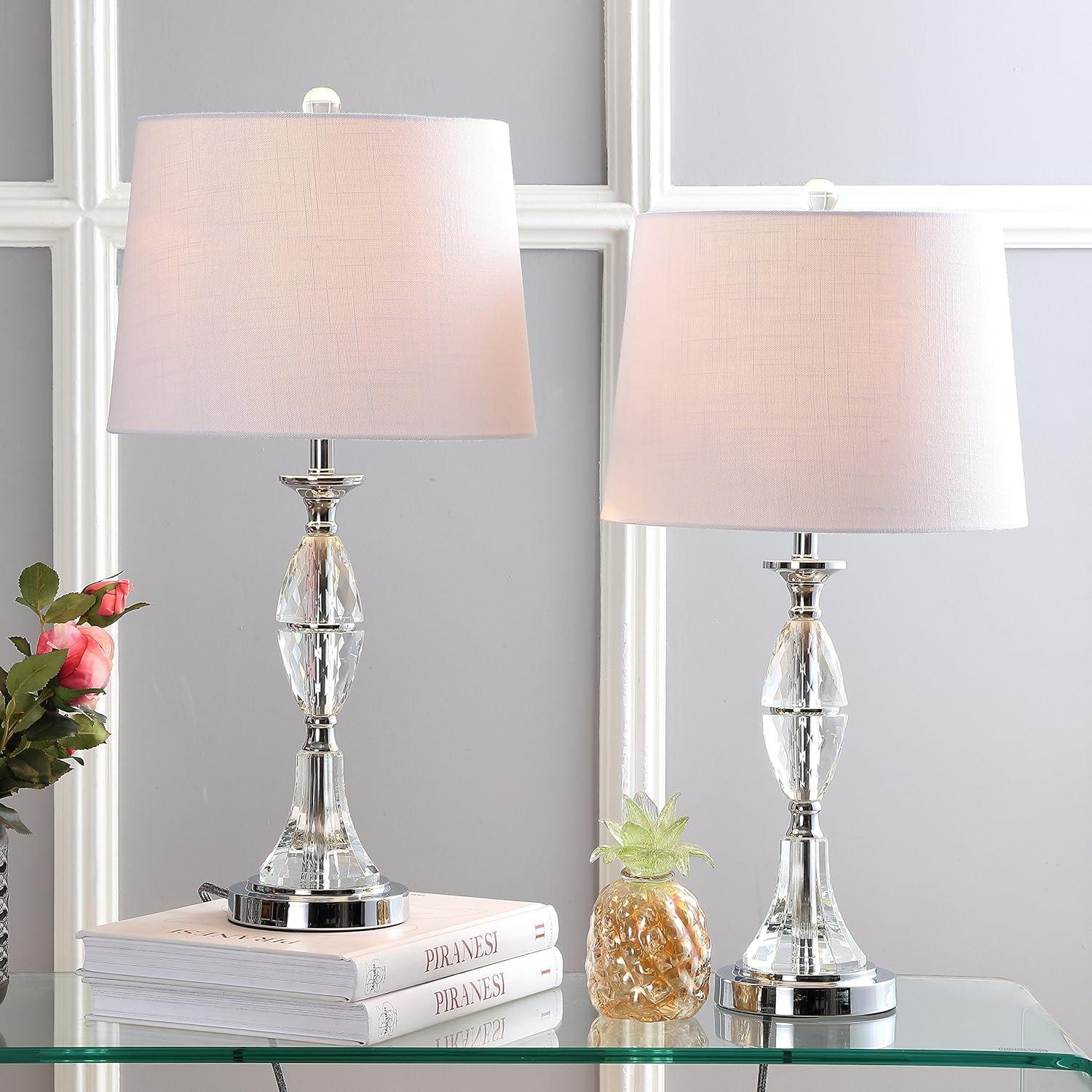 image:imageJONATHAN Y 255 ClearChrome Crystal Table Lamp Set of 2 for Bedroom Traditional French Country Lamps for Living Room White Linen Drum Shade LED Bulbs Included JYL2041ASET2