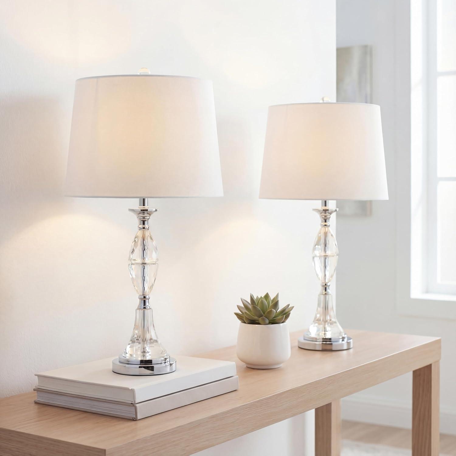 image:imageJONATHAN Y 255 ClearChrome Crystal Table Lamp Set of 2 for Bedroom Traditional French Country Lamps for Living Room White Linen Drum Shade LED Bulbs Included JYL2041ASET2
