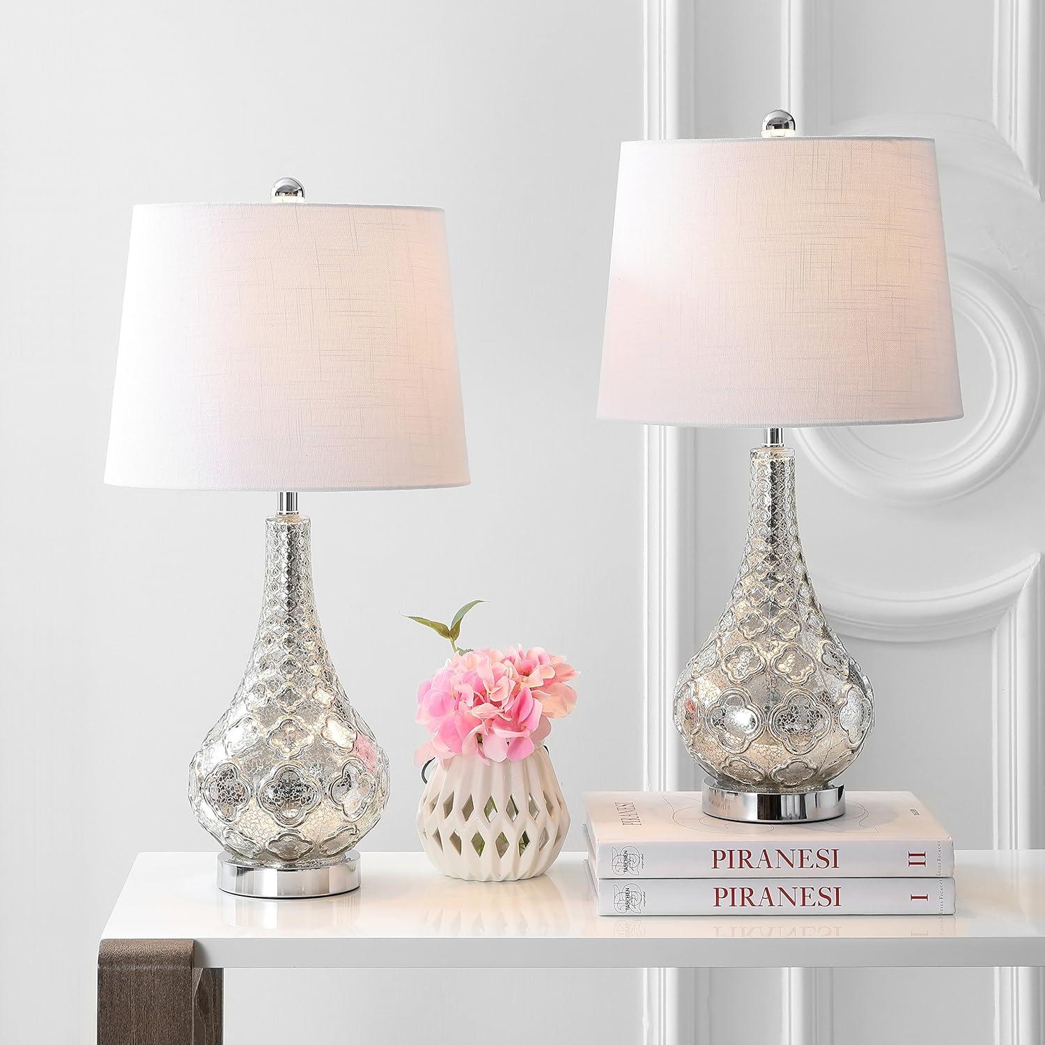 image:imageJONATHAN Y 255 Mercury Silver Glass Table Lamp Set of 2 for Bedroom Contemporary Transitional Trellis Lamps for Living Room White Linen Shade LED Bulbs Included JYL1077ASET2