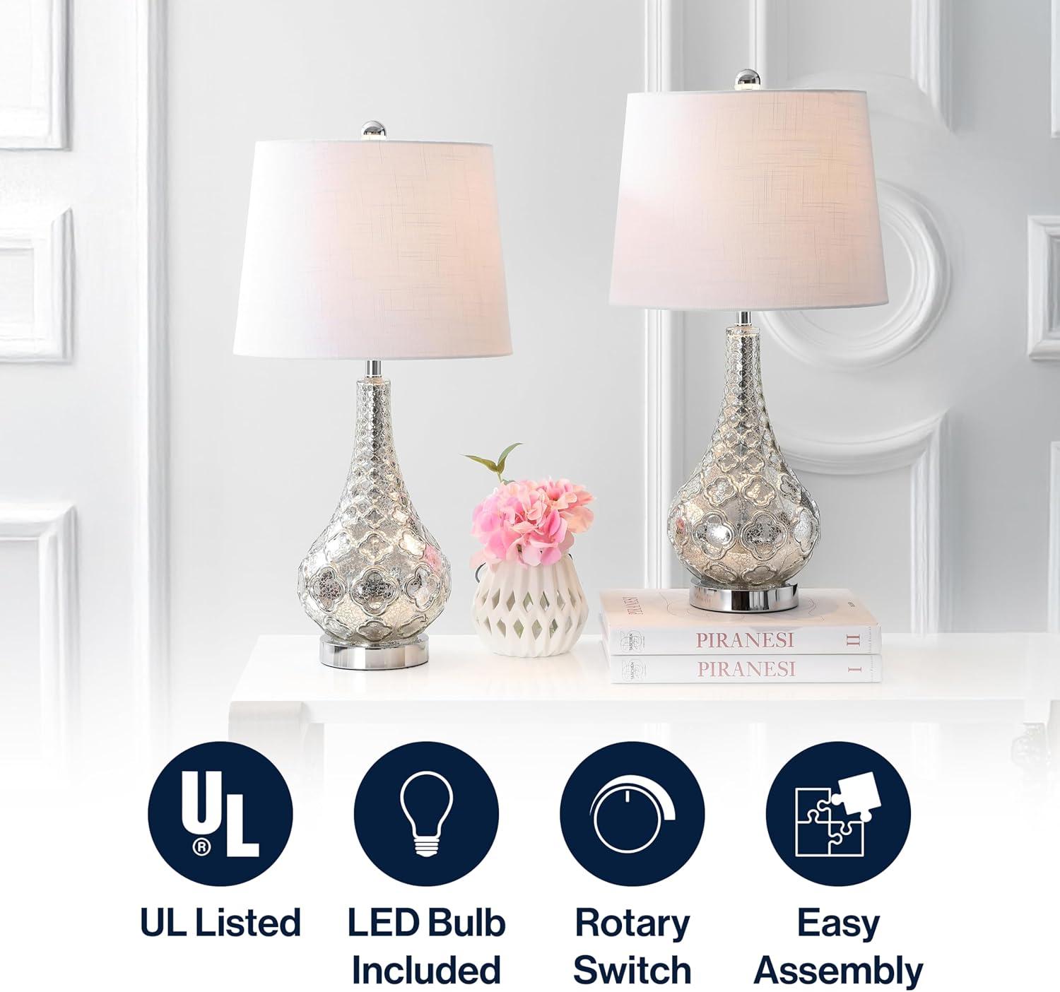image:imageJONATHAN Y 255 Mercury Silver Glass Table Lamp Set of 2 for Bedroom Contemporary Transitional Trellis Lamps for Living Room White Linen Shade LED Bulbs Included JYL1077ASET2