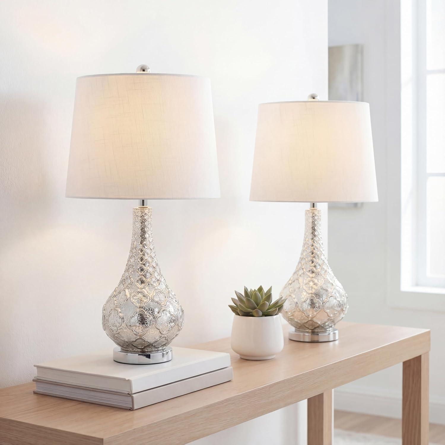 image:imageJONATHAN Y 255 Mercury Silver Glass Table Lamp Set of 2 for Bedroom Contemporary Transitional Trellis Lamps for Living Room White Linen Shade LED Bulbs Included JYL1077ASET2