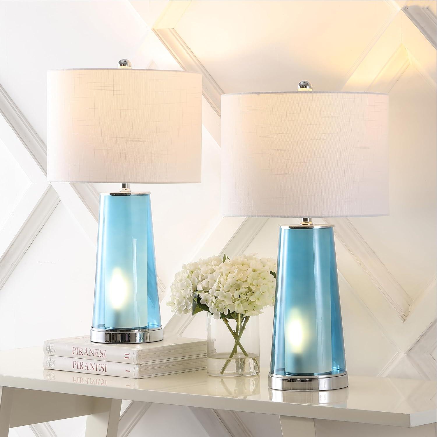 image:imageJONATHAN Y 26 ClearBrass Gold Nightlight Table Lamp Set of 2 for Bedroom Modern Glass Desk Lamps with White Fabric Shade Farmhouse Living Room Decor LED Bulbs Included JYL1137ASET2Clear BlueChrome