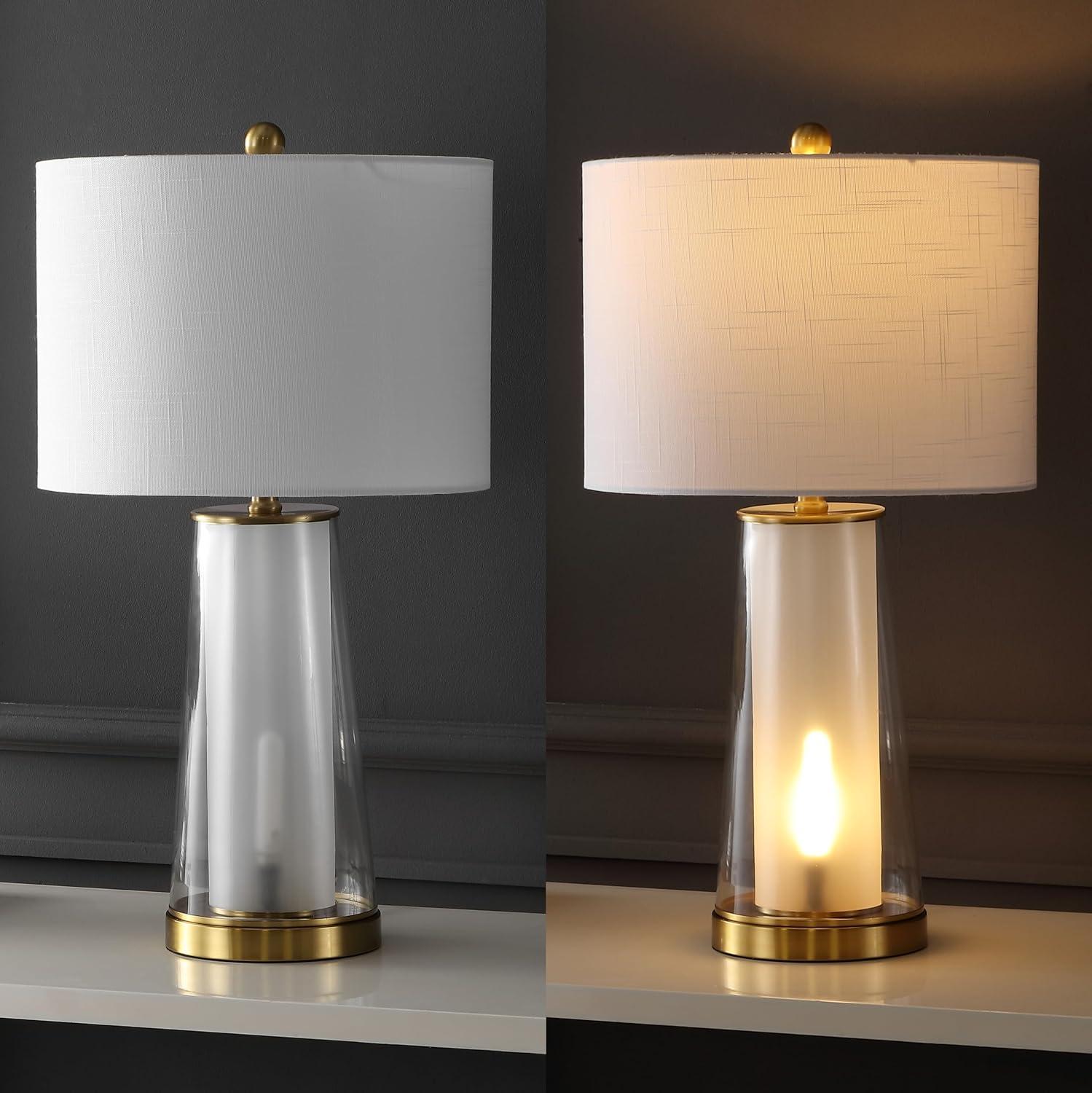 image:imageJONATHAN Y 26 ClearBrass Gold Nightlight Table Lamp Set of 2 for Bedroom Modern Glass Desk Lamps with White Fabric Shade Farmhouse Living Room Decor LED Bulbs Included JYL1137ASET2ClearBrass Gold
