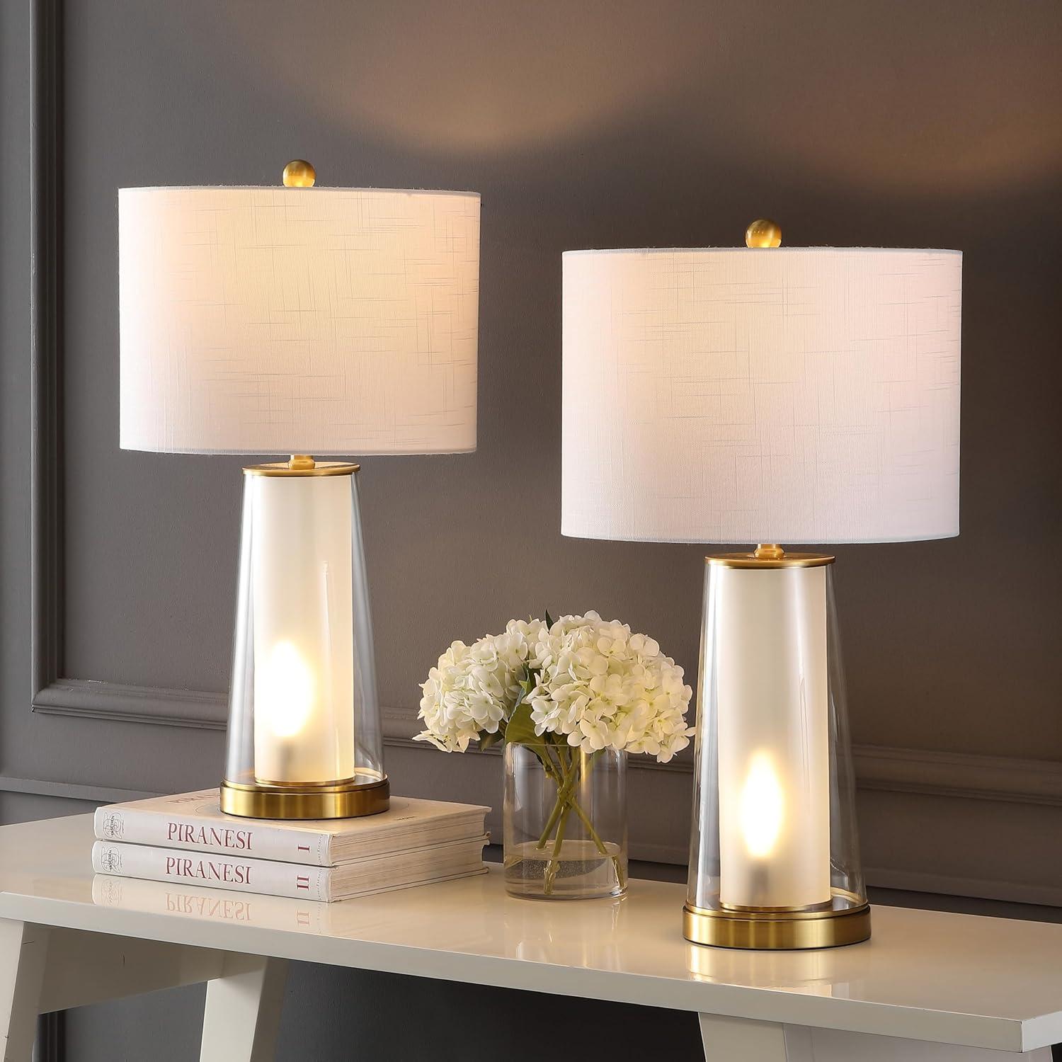 image:imageJONATHAN Y 26 ClearBrass Gold Nightlight Table Lamp Set of 2 for Bedroom Modern Glass Desk Lamps with White Fabric Shade Farmhouse Living Room Decor LED Bulbs Included JYL1137ASET2ClearBrass Gold
