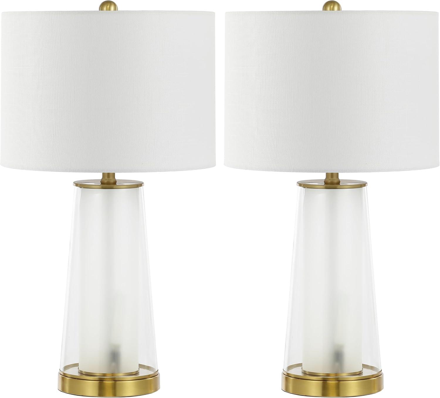 image:imageJONATHAN Y 26 ClearBrass Gold Nightlight Table Lamp Set of 2 for Bedroom Modern Glass Desk Lamps with White Fabric Shade Farmhouse Living Room Decor LED Bulbs Included JYL1137ASET2ClearBrass Gold
