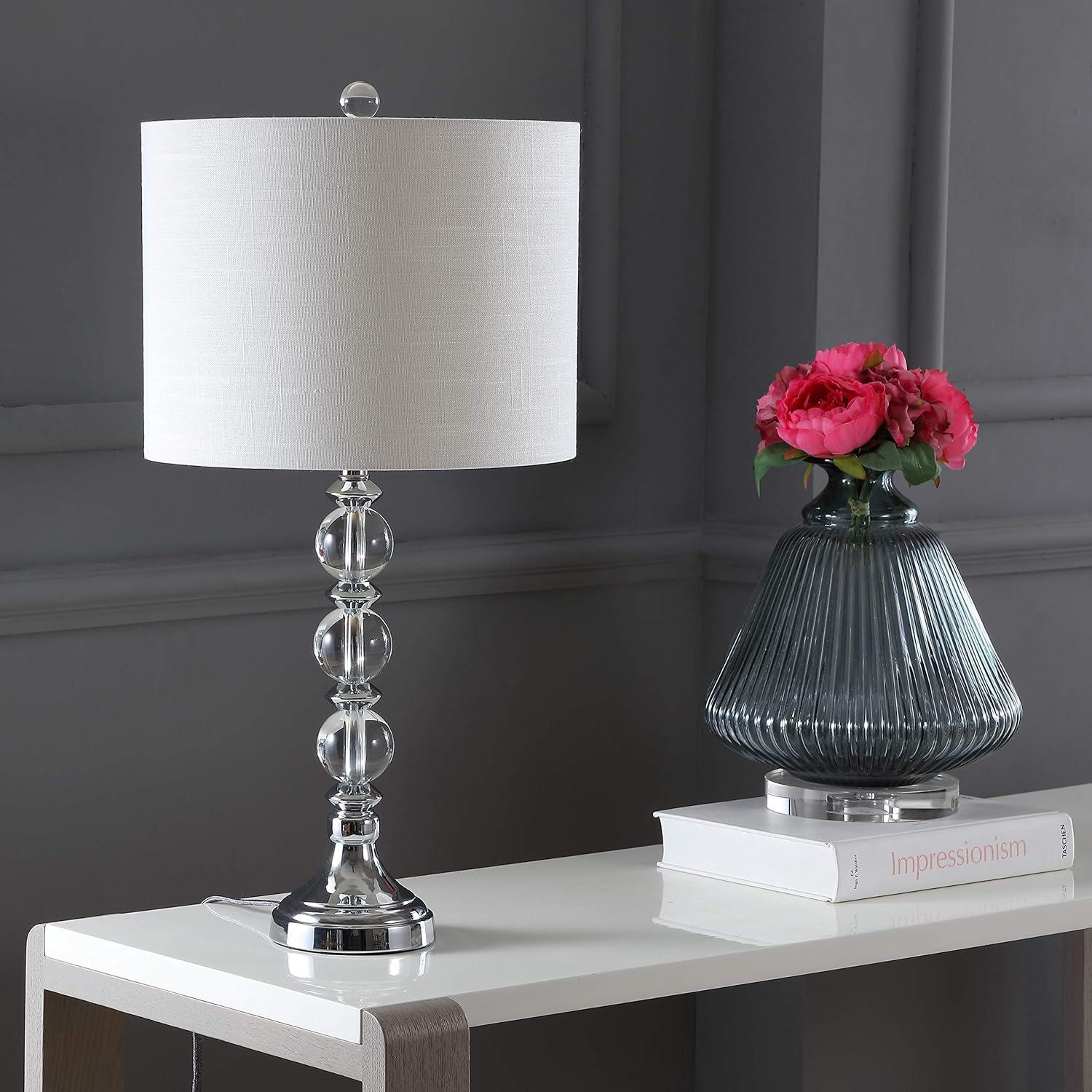 image:imageJONATHAN Y 26 ClearChrome Crystal LED Table Lamp Set of 2 Transitional Faceted Glass and Metal Nightstand Lamps with White Linen Drum Shade LED Bulbs Included JYL5041ASET2