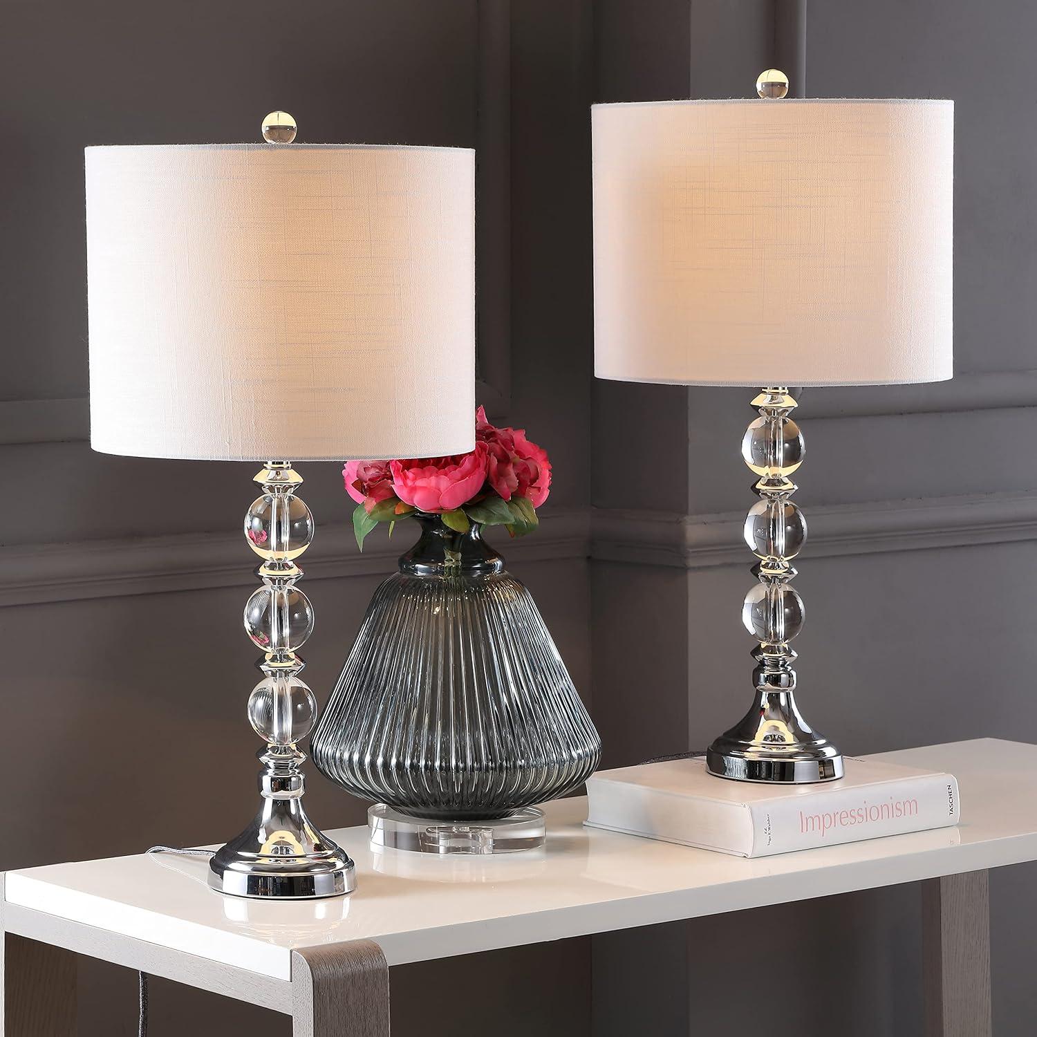 image:imageJONATHAN Y 26 ClearChrome Crystal LED Table Lamp Set of 2 Transitional Faceted Glass and Metal Nightstand Lamps with White Linen Drum Shade LED Bulbs Included JYL5041ASET2