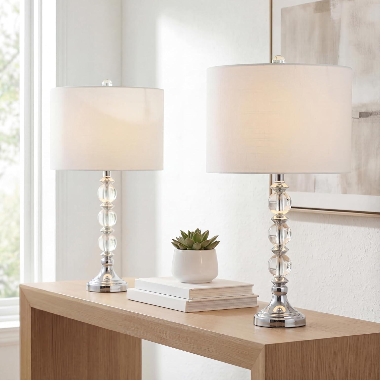 image:imageJONATHAN Y 26 ClearChrome Crystal LED Table Lamp Set of 2 Transitional Faceted Glass and Metal Nightstand Lamps with White Linen Drum Shade LED Bulbs Included JYL5041ASET2