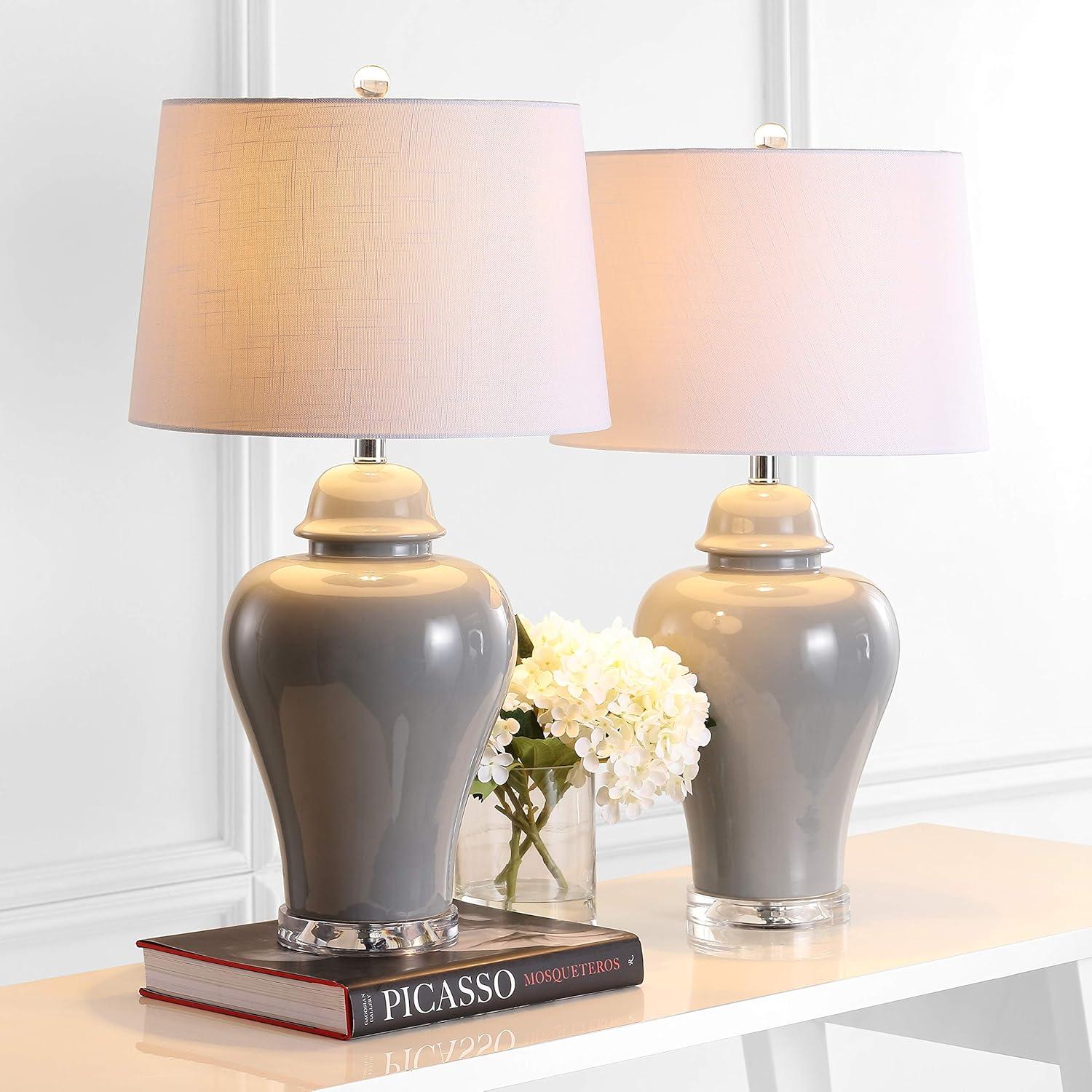 image:imageJONATHAN Y 27 Gray Ceramic Urn Table Lamp Set of 2 for Living Room Bedside Nightstand Lamps for Bedroom Farmhouse Decor with White Linen Shade LED Bulbs Included JYL4020ASET2Gray
