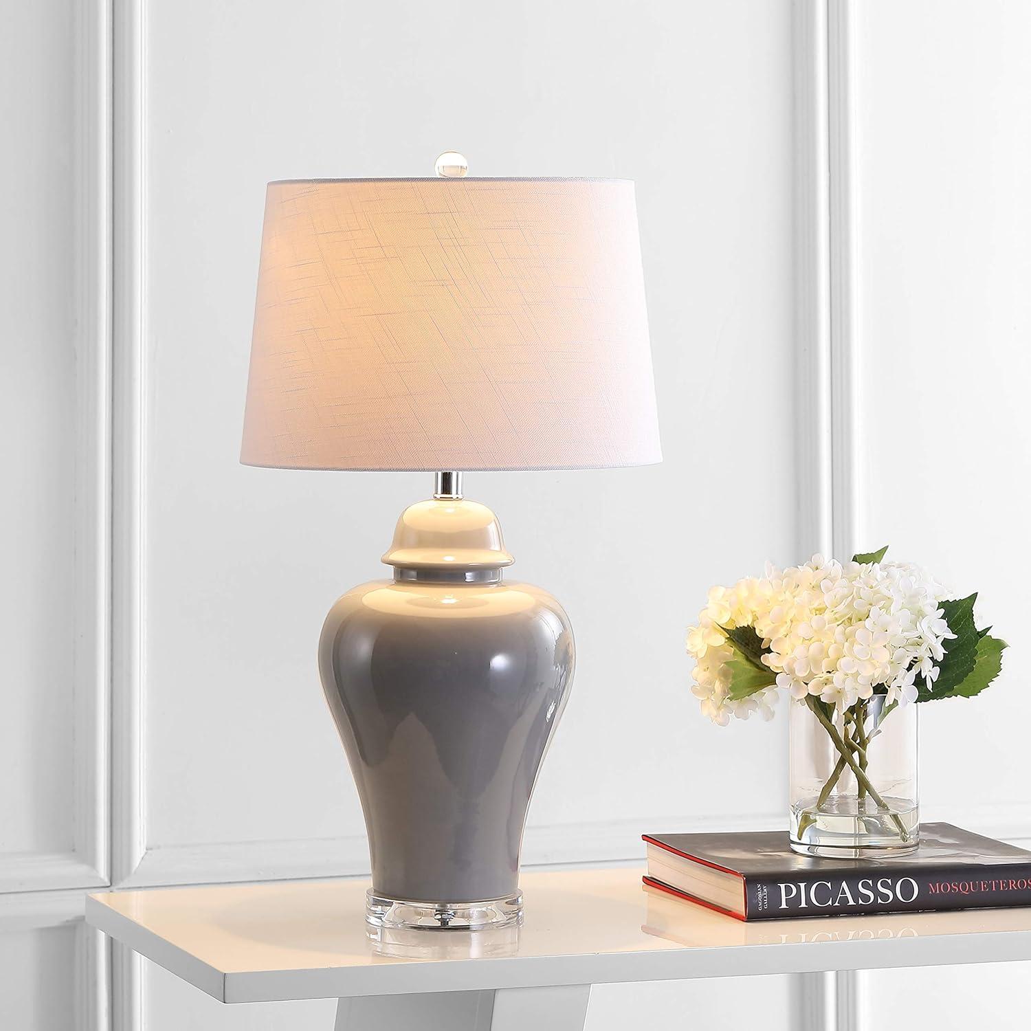 image:imageJONATHAN Y 27 Gray Ceramic Urn Table Lamp Set of 2 for Living Room Bedside Nightstand Lamps for Bedroom Farmhouse Decor with White Linen Shade LED Bulbs Included JYL4020ASET2Gray